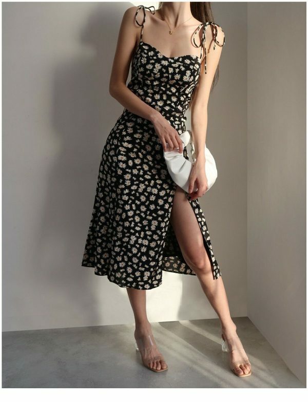 Y2K Black White Floral Midi Dress with Korean French Retro Vibes