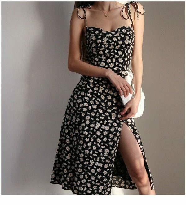 Y2K Black White Floral Midi Dress with Korean French Retro Vibes