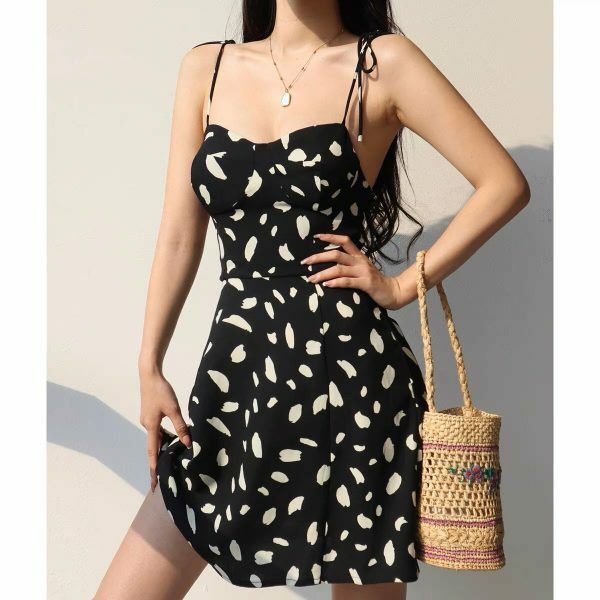 Y2K Black White Pattern Tie Strap Mini Dress - Streetwear Fashion