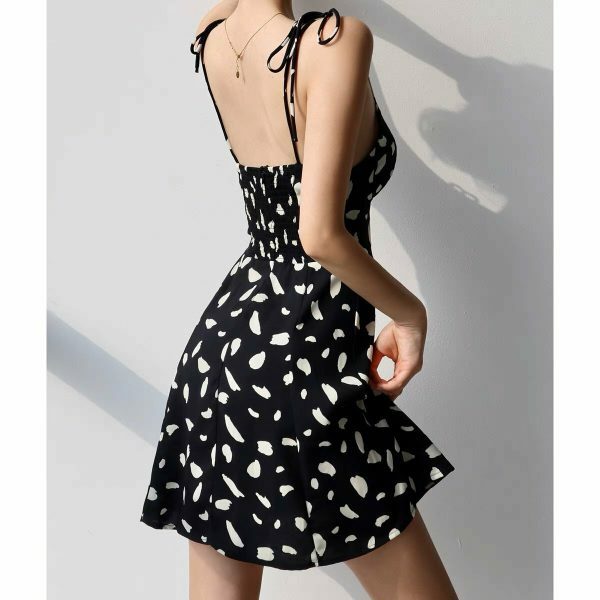 Y2K Black White Pattern Tie Strap Mini Dress - Streetwear Fashion