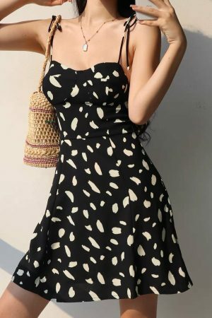 Y2K Black White Pattern Tie Strap Mini Dress - Streetwear Fashion