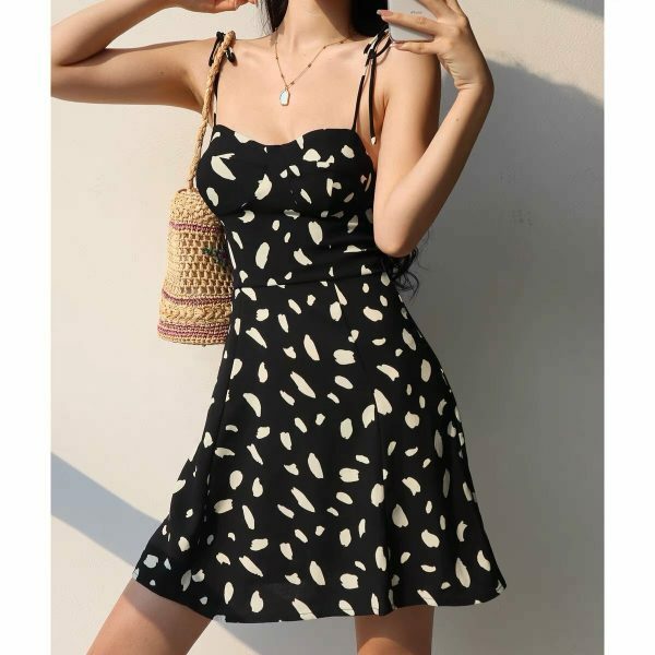 Y2K Black White Pattern Tie Strap Mini Dress - Streetwear Fashion