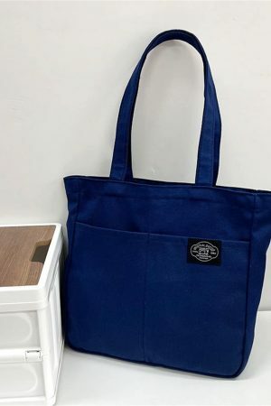 Y2K Blue Canvas Shoulder Bag with Multi-Pockets for Women