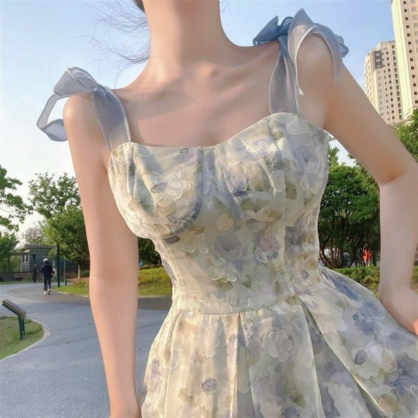 Y2K Blue Floral Streetwear Midi Dress for Women