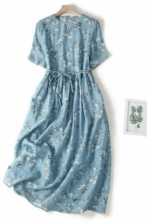 Y2K Bohemian Floral Midi Dress with Belt for Women