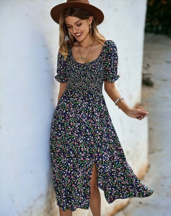 Y2K Boho Print Midi Dress | Casual Puff Sleeve Split Dress