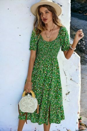 Y2K Boho Print Midi Dress | Casual Puff Sleeve Split Dress