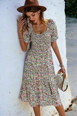 Y2K Boho Print Midi Dress | Casual Puff Sleeve Split Dress