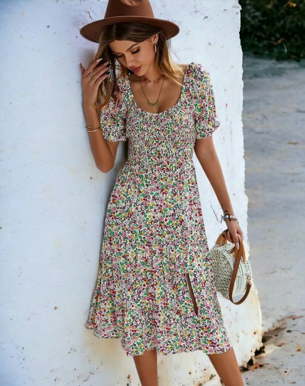 Y2K Boho Print Midi Dress | Casual Puff Sleeve Split Dress