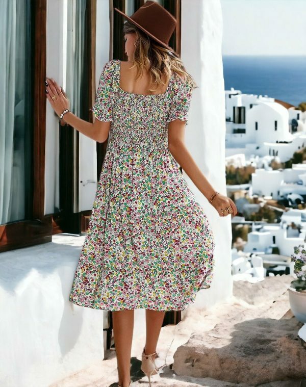 Y2K Boho Print Midi Dress | Casual Puff Sleeve Split Dress