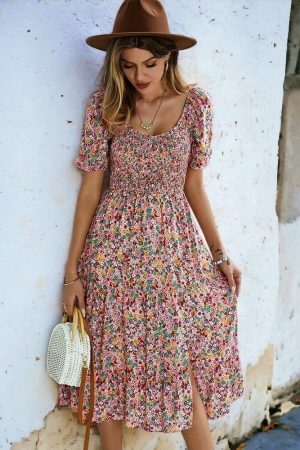 Y2K Boho Print Midi Dress | Casual Puff Sleeve Split Dress