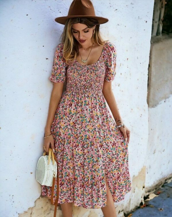 Y2K Boho Print Midi Dress | Casual Puff Sleeve Split Dress