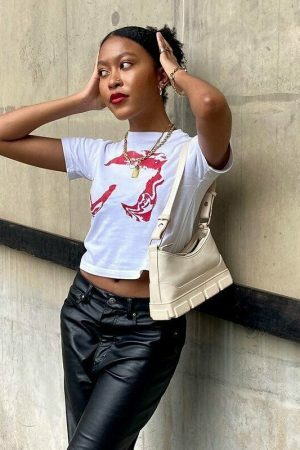 Y2K Boob Print White Crop Tee - Abstract Trash Top - 2000s Trending Streetwear