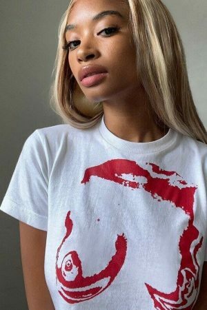 Y2K Boob Print White Crop Tee - Abstract Trash Top - 2000s Trending Streetwear