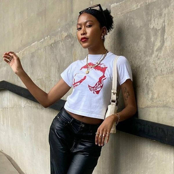 Y2K Boob Print White Crop Tee - Abstract Trash Top - 2000s Trending Streetwear