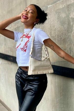 Y2K Boob Print White Crop Tee - Abstract Trash Top - 2000s Trending Streetwear