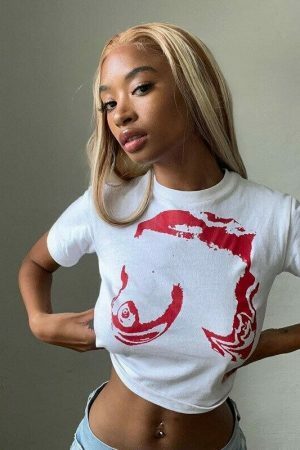 Y2K Boob Print White Crop Tee - Abstract Trash Top - 2000s Trending Streetwear