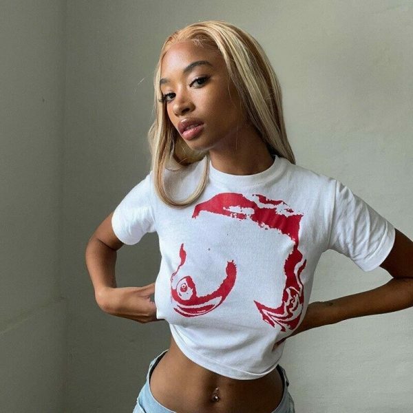 Y2K Boob Print White Crop Tee - Abstract Trash Top - 2000s Trending Streetwear