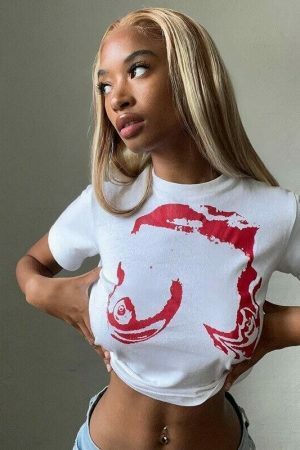 Y2K Boob Print White Crop Tee - Abstract Trash Top - 2000s Trending Streetwear