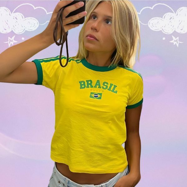 Y2K Brasil Crop Top - Soccer Aesthetic Tee, 90s 2000s Brazil Shirt