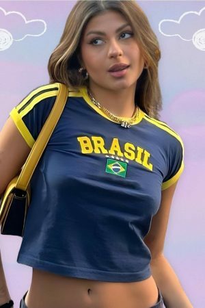 Y2K Brazil Crop Top Baby Tee - Soccer Aesthetic Shirt