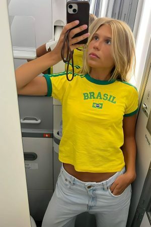 Y2K Brazil Crop Top Baby Tee - Soccer Aesthetic Shirt