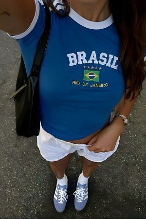 Y2K Brazil Crop Top Baby Tee - Soccer Aesthetic Streetwear