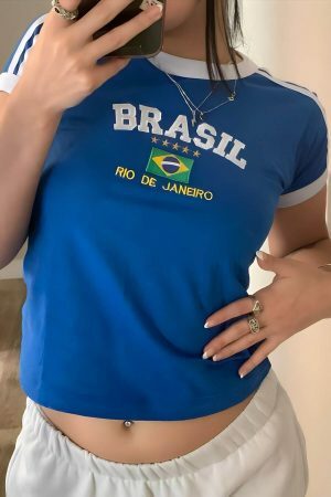 Y2K Brazil Crop Top Baby Tee - Soccer Aesthetic Streetwear