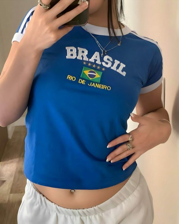 Y2K Brazil Crop Top Baby Tee - Soccer Aesthetic Streetwear