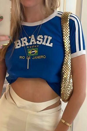 Y2K Brazil Crop Top Baby Tee - Soccer Aesthetic Streetwear