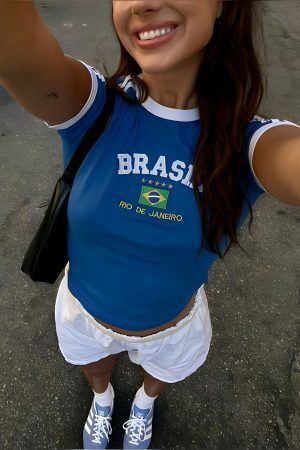 Y2K Brazil Crop Top Baby Tee - Soccer Aesthetic Streetwear