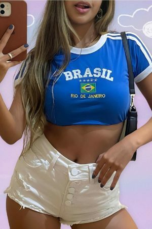 Y2K Brazil Crop Top Baby Tee - Soccer Aesthetic Streetwear