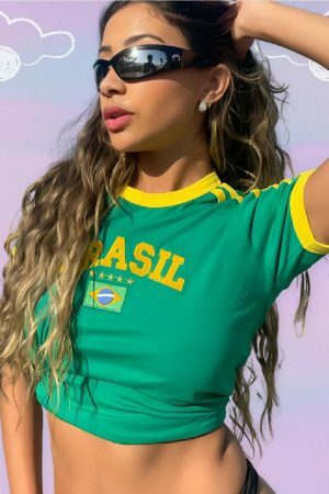 Y2K Brazil Crop Top Baby Tee - Soccer Jersey Aesthetic