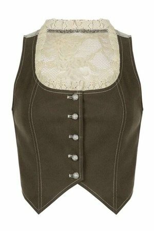 Y2K Brown Lace Detail Sleeveless Cropped Waistcoat Jacket