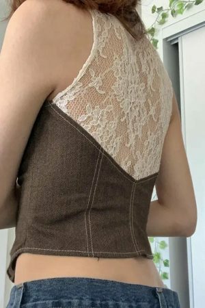 Y2K Brown Lace Detail Sleeveless Cropped Waistcoat Jacket