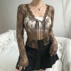 Y2K Brown Lace Front-Tie Cardigan