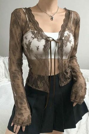 Y2K Brown Lace Front-Tie Cardigan