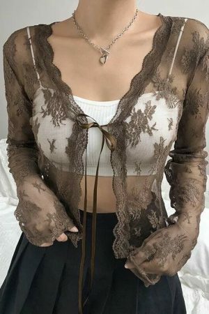 Y2K Brown Lace Front-Tie Cardigan