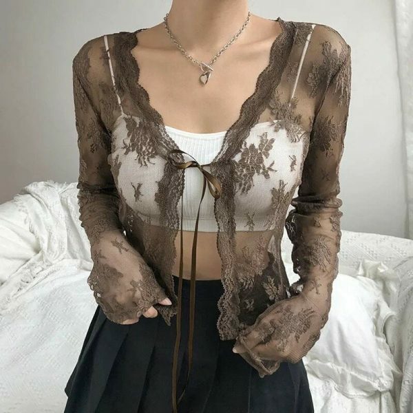 Y2K Brown Lace Front-Tie Cardigan