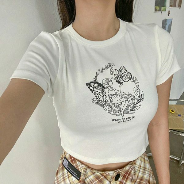 Y2K Butterfly Girl Print White Crop Tee - Aesthetics Graphic Streetwear