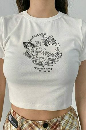 Y2K Butterfly Girl Print White Crop Tee - Aesthetics Graphic Streetwear