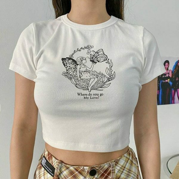 Y2K Butterfly Girl Print White Crop Tee - Aesthetics Graphic Streetwear