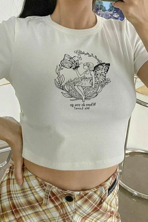 Y2K Butterfly Girl Print White Crop Tee - Aesthetics Graphic Streetwear