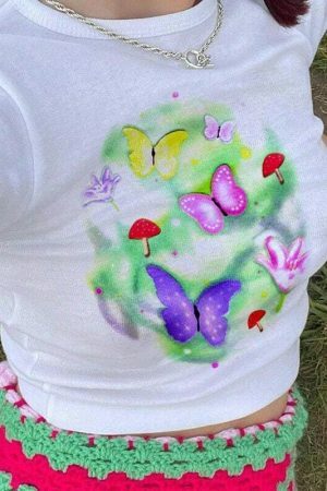 Y2K Butterfly Mushroom Print White Crop Tee Harajuku Streetwear Cute Cartoon T-Shirt