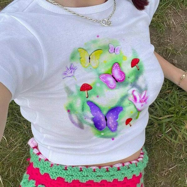 Y2K Butterfly Mushroom Print White Crop Tee Harajuku Streetwear Cute Cartoon T-Shirt