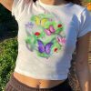 Y2K Butterfly Mushroom Print White Crop Tee Harajuku Streetwear Cute Cartoon T-Shirt