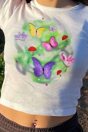 Y2K Butterfly Mushroom Print White Crop Tee Harajuku Streetwear Cute Cartoon T-Shirt