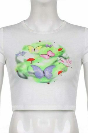 Y2K Butterfly Mushroom Print White Crop Tee Harajuku Streetwear Cute Cartoon T-Shirt