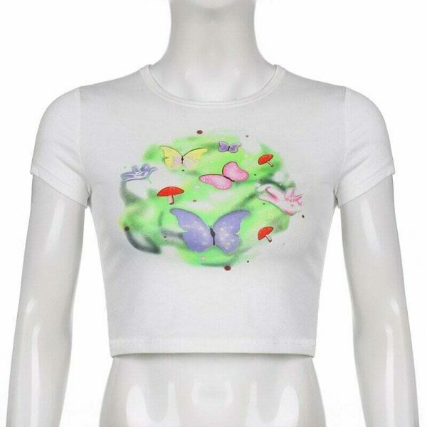 Y2K Butterfly Mushroom Print White Crop Tee Harajuku Streetwear Cute Cartoon T-Shirt