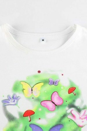 Y2K Butterfly Mushroom Print White Crop Tee Harajuku Streetwear Cute Cartoon T-Shirt